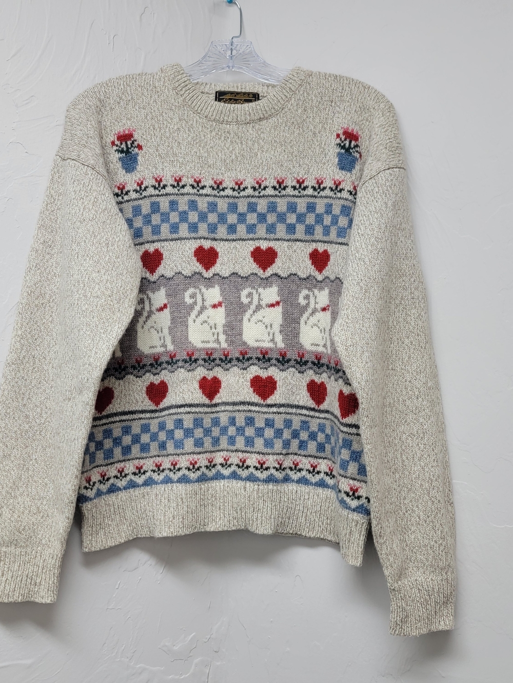 VTG Eddie Bauer Wool Blend Sweater Cat Heart Fair Isle Cottagecore Granny LG